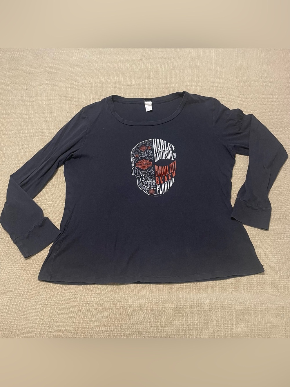 Harley-Davidson Women's Black Long Sleeve Skull Graphic Tee with Orange Accents